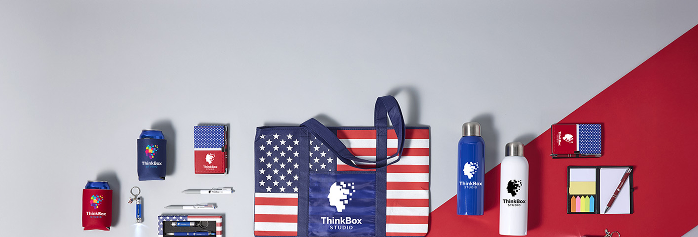 Shop promotional patriotic flag themed products.